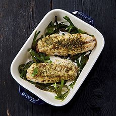 Fisk i fad med frisk tang og dild/sennep blend krydderi